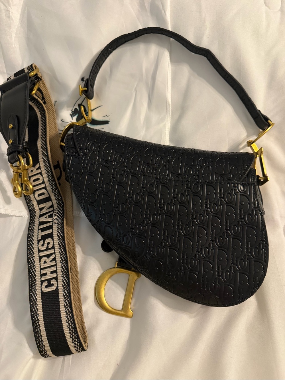 Black Embossed Saddle Bag with Gold Hardware - Picture 3 of 4